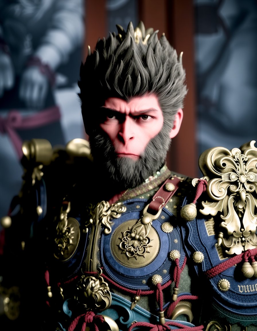 wukong, This image is a highly detailed CGI rendering of an anthropomorphic monkey character, likely inspired by traditional Chinese mythology or folklore. The character is depicted in an elaborate, ornate suit of armor, which is richly detailed and features intricate patterns and motifs. The armor is predominantly dark blue with gold and silver accents, including ornate designs, intricate floral patterns, and small, shiny beads. The character's face is stern and serious, with a thick, bushy beard and a fierce expression. His eyes are dark and piercing, adding to the intensity of his gaze.The character's head is adorned with a crown of golden spikes, adding to the regal and formidable appearance. His armor extends down to his shoulders, where it is adorned with large, decorative plates and red ribbons that add a touch of color contrast. The background is dark and somewhat blurred, with a hint of a mural or tapestry visible in the upper left corner, which adds to the mystical and ancient atmosphere of the scene.  <lora:wukong:1>