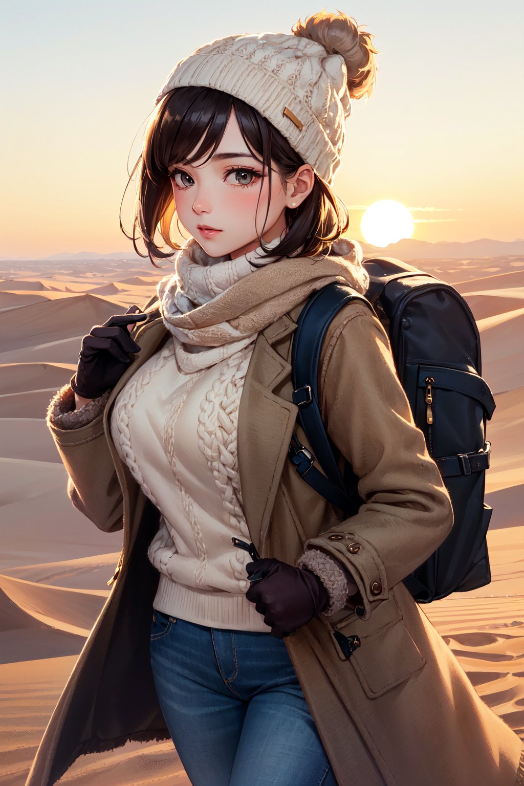 (masterpiece, best quality, hires, high resolution:1.2), (beautiful, aesthetic, perfect, delicate, intricate:1.2), (cute, adorable), (depth of field:1.2), (1girl, solo), (a mature woman), (brown short hair), (natural breasts), (scarf), (knit sweater:1.2), (furr overcoat:1.4), (beanie), (gloves), (tight pants), (a huge backpack), (at desert:1.4), (sun, golden hour), (cowboy shot:1.4),