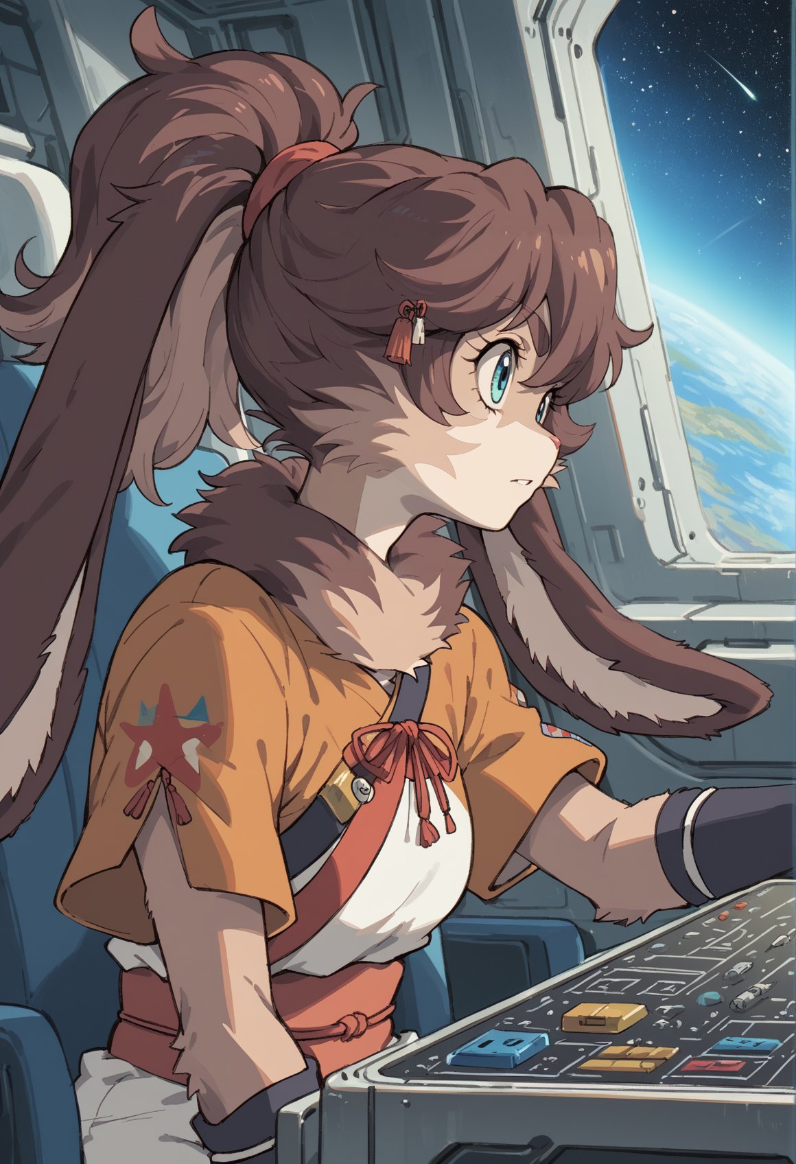 1girl, solo, rabbit girl, long hair, brown hair, ponytail, blue eyes, furry, japanese clothes, wristbands, obi, short sleeves, shorts, sitting, cockpit, piloting, spacecraft interior, star \(sky\), space, upper body <lora:LOP_sw:1>, score_9, score_8_up, score_7_up, score_6_up, score_5_up, score_4_up, BREAK source_furry, masterpiece