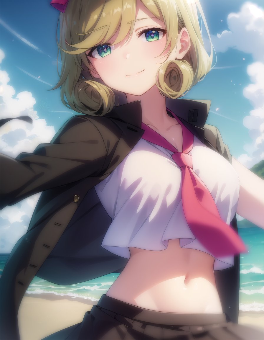 skharuka, <lora:sk haruka s1-lora-nochekaiser:1>,haruka, short hair, blonde hair, (green eyes:1.3), hair bow,BREAK skirt, bow, navel, necktie, serafuku, midriff, crop top, (black serafuku:1.2),BREAK outdoors, beach,BREAK looking at viewer, (cowboy shot:1.5), smile,BREAK <lyco:GoodHands-beta2:1>, (masterpiece:1.2), best quality, high resolution, unity 8k wallpaper, (illustration:0.8), (beautiful detailed eyes:1.6), extremely detailed face, perfect lighting, extremely detailed CG, (perfect hands, perfect anatomy),