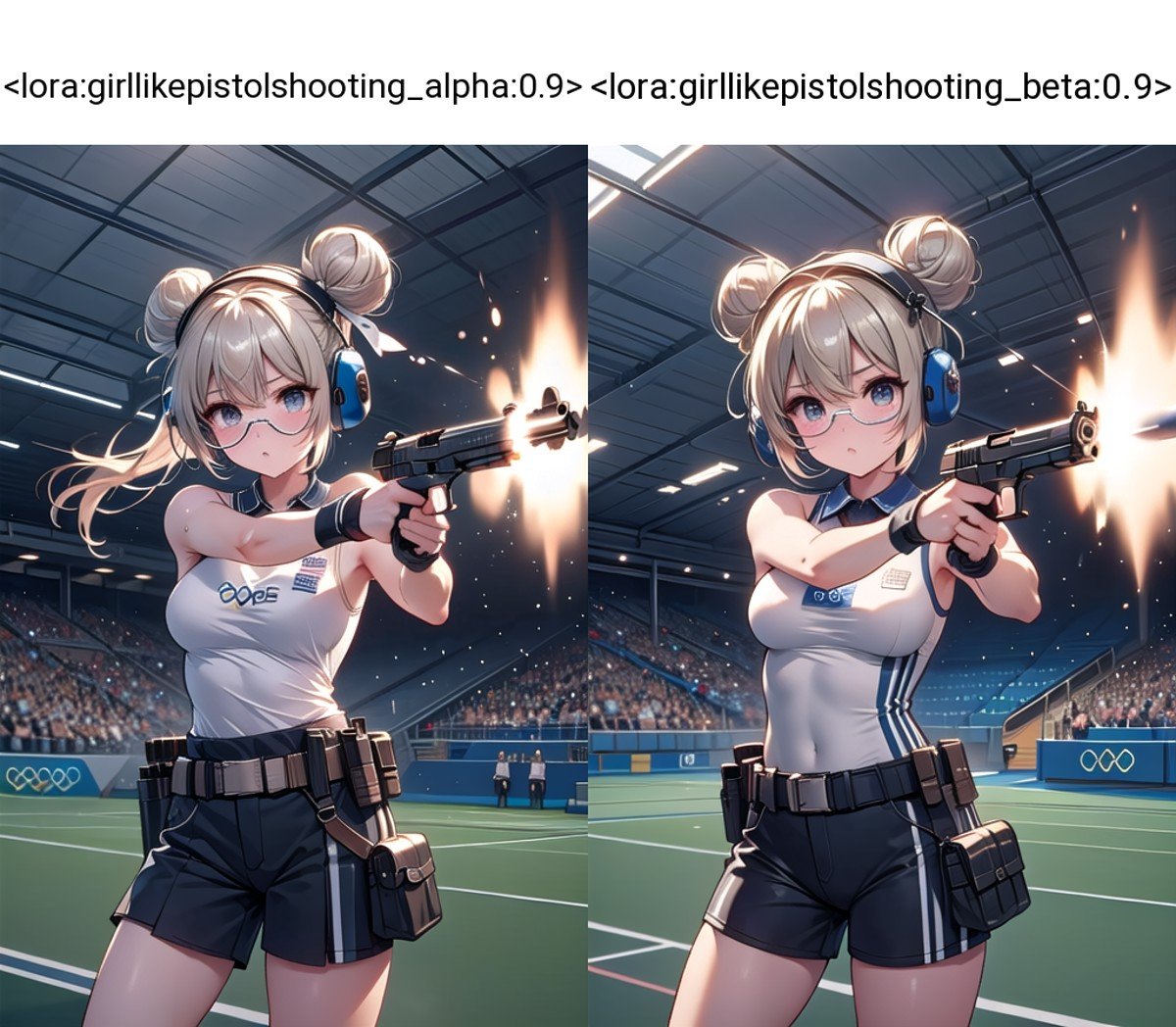 (((masterpiece))), (((best quality))), ((pistol shooting)), (one hand holding air handgun), muzzle flash, aiming at target, firing, player uniform, sleeveless, sports shorts, ear defenders, fingerless gloves, open-air range, olympic games venue, sky, wind, steam, sweat, shadow, 1girl, dark lenses, ribbon, white, double bun, big tits, stnading, facing viewer, aiming at viewer, <lora:girllikepistolshooting_alpha:0.9>