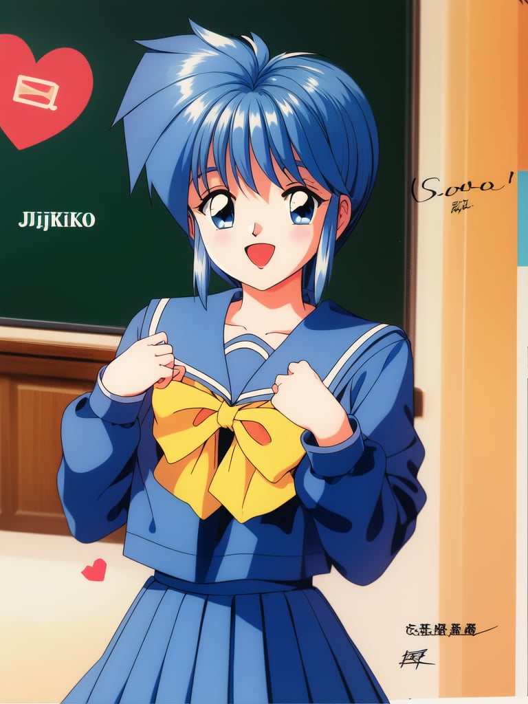 <lora:Nijino_Saki:0.8> NijinoSaki, 1girl, solo, school uniform, retro artstyle, 1990s (style), yellow bow, serafuku, open mouth, long sleeves, looking at viewer, bow, character name, smile, skirt, heart, sailor collar, blue skirt,school in teh room,masterpiece, high quality, very_high_resolution, large_filesize, full color, 