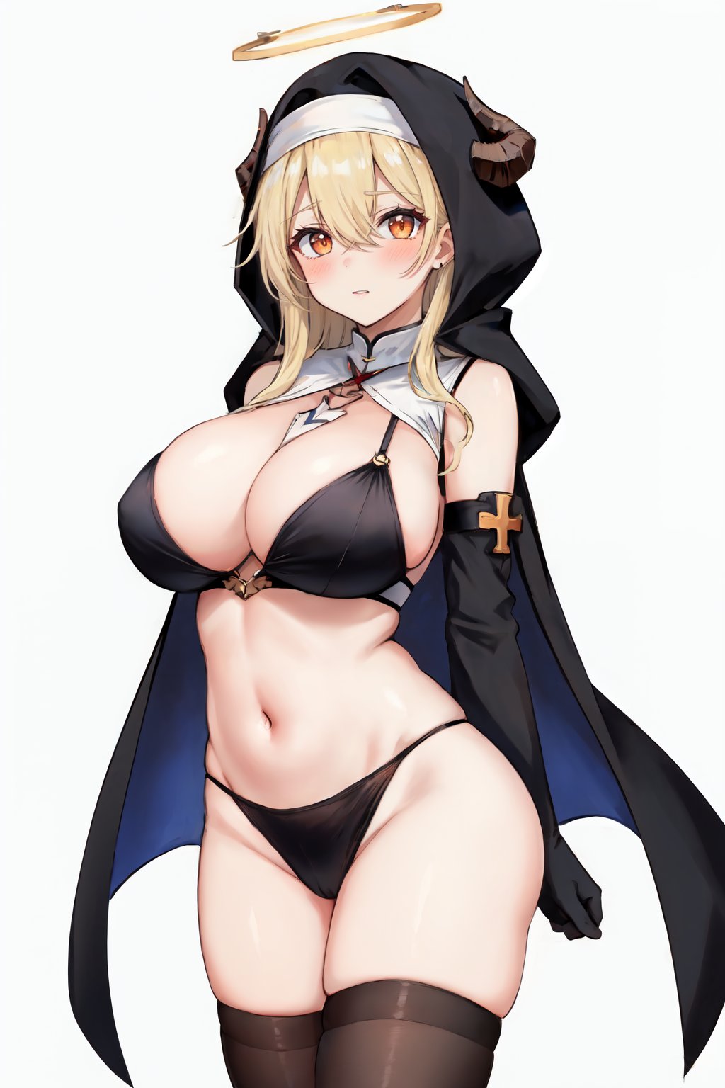 1girl, implacable \(azur lane\), , azur lane, bare shoulders, black gloves, black headwear, blonde hair, blush, breasts, covered navel, gloves, habit, hair between eyes, halo, hood, horns, large breasts, long hair, looking at viewer, nun, orange eyes, simple background, solo, thighhighs, white background, white thighhighs, 