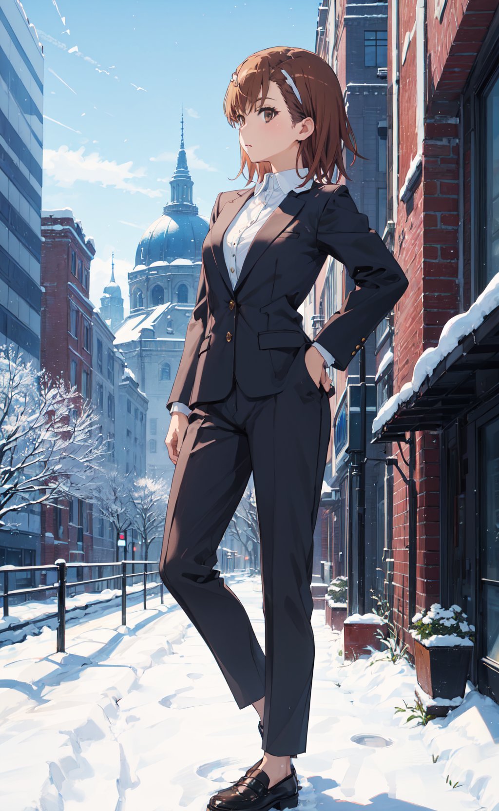 <lora:Misaka-000001:0.8>,Misaka CYQL,1girl,looking at viewer,solo,brown hair,short hair,hair ornament,hairclip,hair flower,brown eyes,(Tailored_blazer:1.4),(Pleated_trousers:1.3),(Pointed-toe_loafers:1.2),(Business_conference_background:1.4),Winter garden, Snow-covered landscape, Frosty blooms, Snowflakes, Winter wonderland, English charm,(kind_smile:1.2),(profile:1.1),foreshortening,beautiful detailed sky,beautiful detailed glow,posing in front of a colorful and dynamic background,masterpiece,best quality,beautiful and aesthetic,contrapposto,female focus,wallpaper,