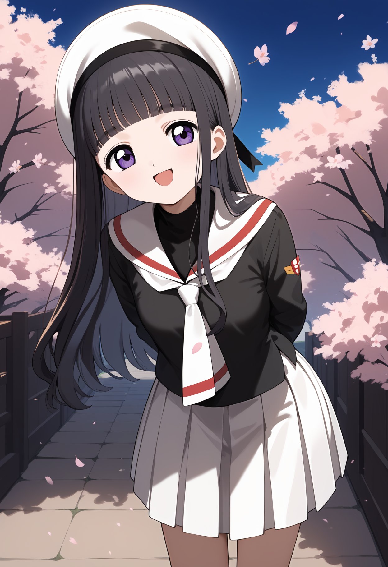 score_9, score_8_up, score_7_up, score_6_up, score_5_up, score_4_up, source_anime, aatomoyo, long hair, black hair, beret, white headwear, blunt bangs, purple eyes, small breasts, serafuku, white sailor collar, white neckerchief, black shirt, long sleeves, pleated skirt, white skirt <lora:daidouji_tomoyo_ponxl_v1:0.9>, arms behind back, leaning forward, standing, outdoors, open mouth, cherry blossoms, smile,