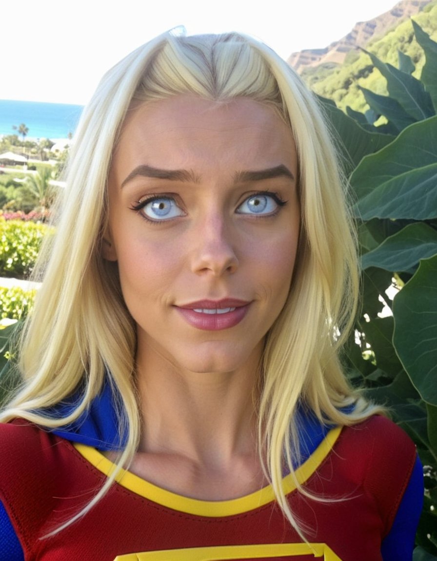 Selfie photo, <lora:C006B8F3A3:1> kara-zor-el, blonde hair, dark skin, blue eyes, supergirl costume, on holiday, supergirl emblem