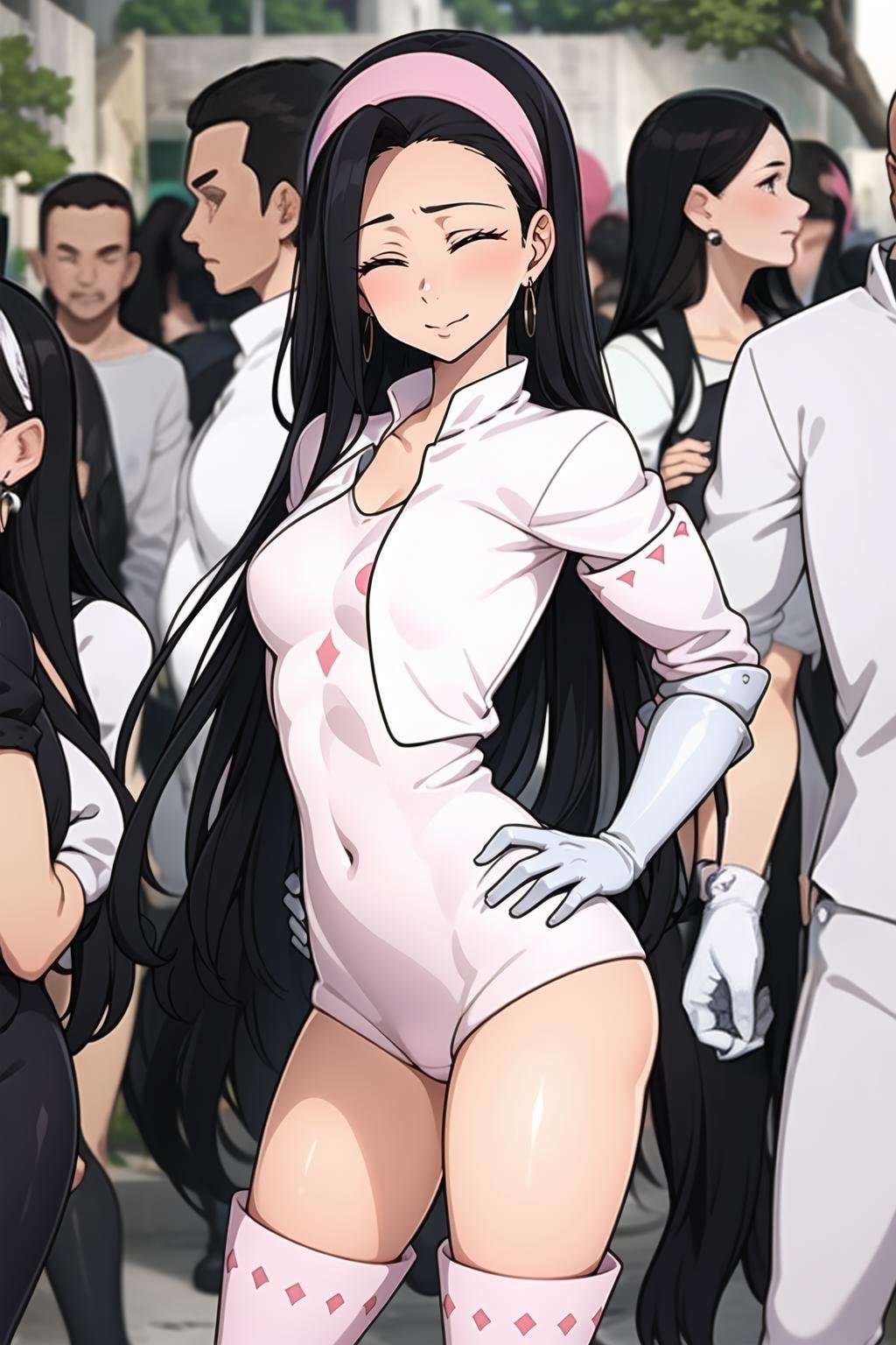 (masterpiece, best quality,ultra detailed),Guila,1girl,headband,long hair,slim,cute,shinny skin,single bangs,bangs,black hair,white outfit,metal glove,jacket,short sleeves,one piece,motif,metal glove,boots),(bare chest,big breasts,earrings,upper body,thigh,sweat,closed eyes,(day,outdoors,streets,crowd,paparazzi),(standing straight