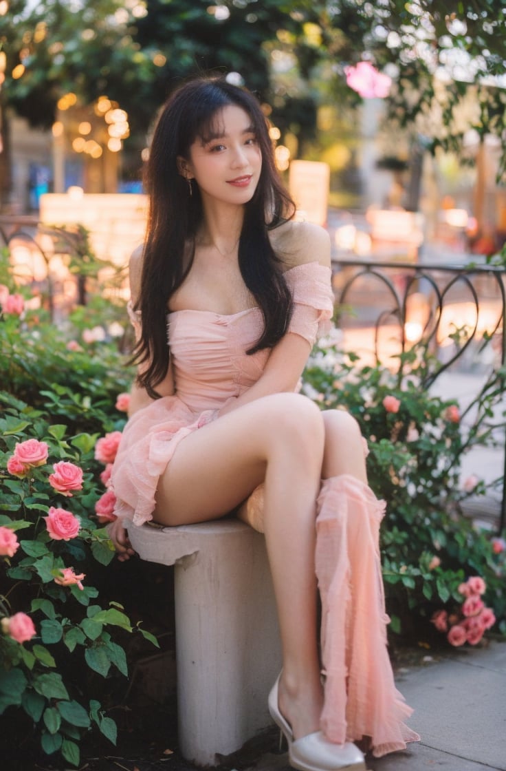 1girl,dress,flower,solo,brown hair,pink dress,sitting,rose,plant,(long hair:1.3),blurry,bare shoulders,pink flower,jewelry,pink rose,necklace,depth of field,off-shoulder dress,parted lips,off shoulder,breasts,looking at viewer,collarbone,lips,vines,strapless,princess,strapless dress,blurry foreground,full body,earrings,smile, <lora:纯欲摄影小姐姐:0.8>