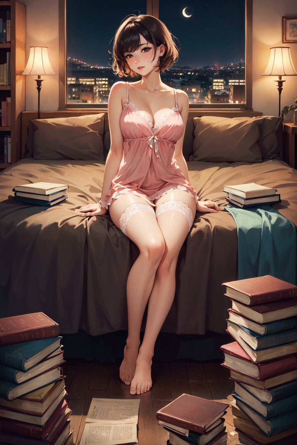 (masterpiece, best quality, hires, high resolution:1.2), (beautiful, aesthetic, perfect, delicate, intricate:1.2), (cute, adorable), (depth of field:1.2), (1girl, solo), (a sexy mature woman sitting on her bed), (sexy pink nightgown), (lace stockings), (colorful short hair), (natural breasts), (sitting:1.4), (stacks of books on the floor), (pile of books), (dark theme:1.4), (at night), (full body shot:1.4),