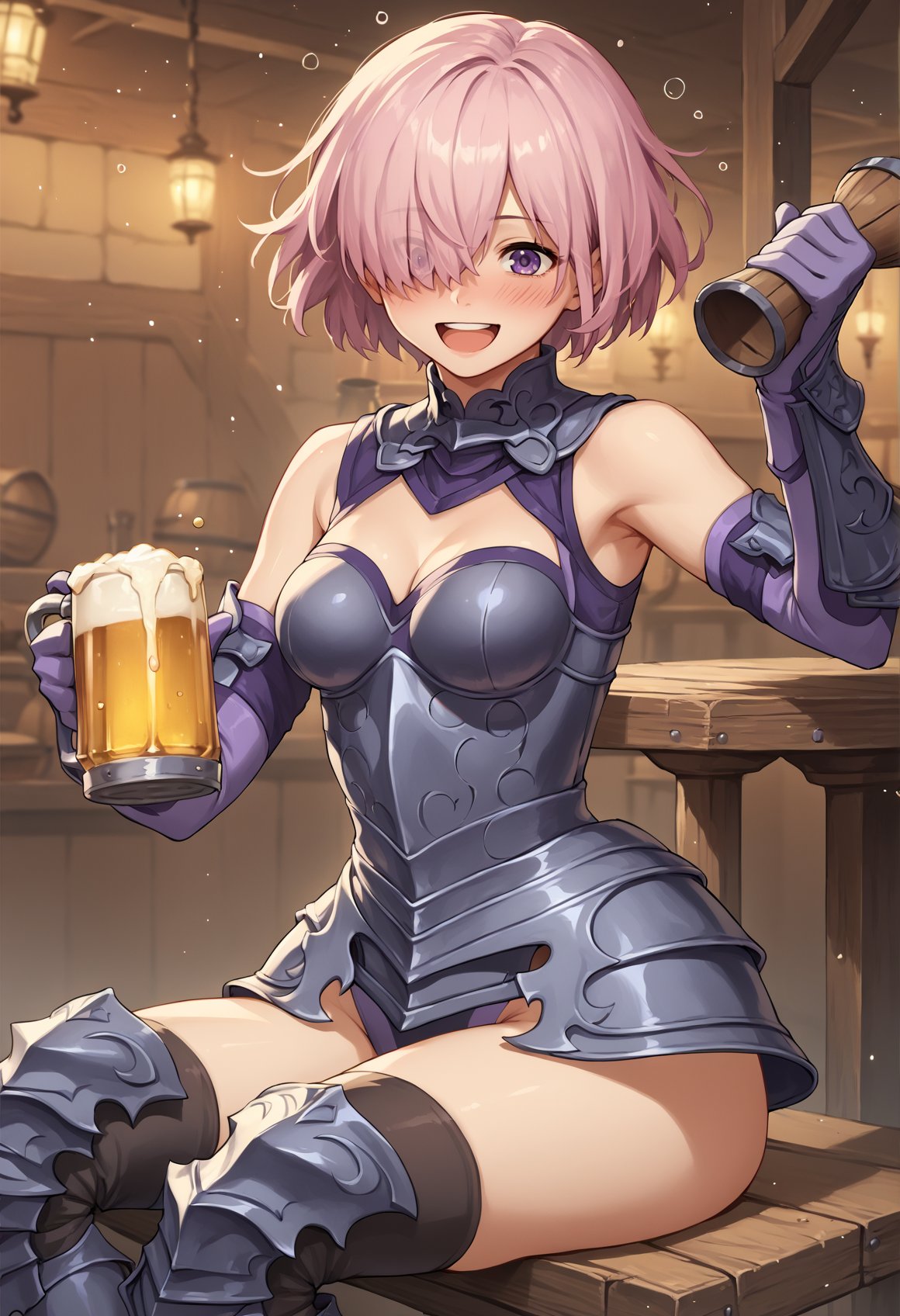 1girl, solo, short hair, pink hair, purple eyes, hair over one eye, leotard, Clothing Cutout, elbow gloves, Thighhighs, armor, gauntlets, greaves, armored boots, smile, open mouth, drunk, sitting, tavern, medieval, indoors, holding beer mug <lora:Mashu:1>, score_9, score_8_up, score_7_up, score_6_up, score_5_up, score_4_up, BREAK source_anime, masterpiece