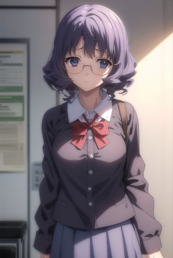 aiyamagata, <lora:ai yamagata-lora-nochekaiser:1>,ai yamagata, short hair, black hair, glasses, (black eyes:1.5),BREAK long sleeves, bow, school uniform, glasses, bowtie, red bow, buttons, red bowtie,BREAK indoors, classroom,BREAK looking at viewer, (cowboy shot:1.5),BREAK <lyco:GoodHands-beta2:1>, (masterpiece:1.2), best quality, high resolution, unity 8k wallpaper, (illustration:0.8), (beautiful detailed eyes:1.6), extremely detailed face, perfect lighting, extremely detailed CG, (perfect hands, perfect anatomy),