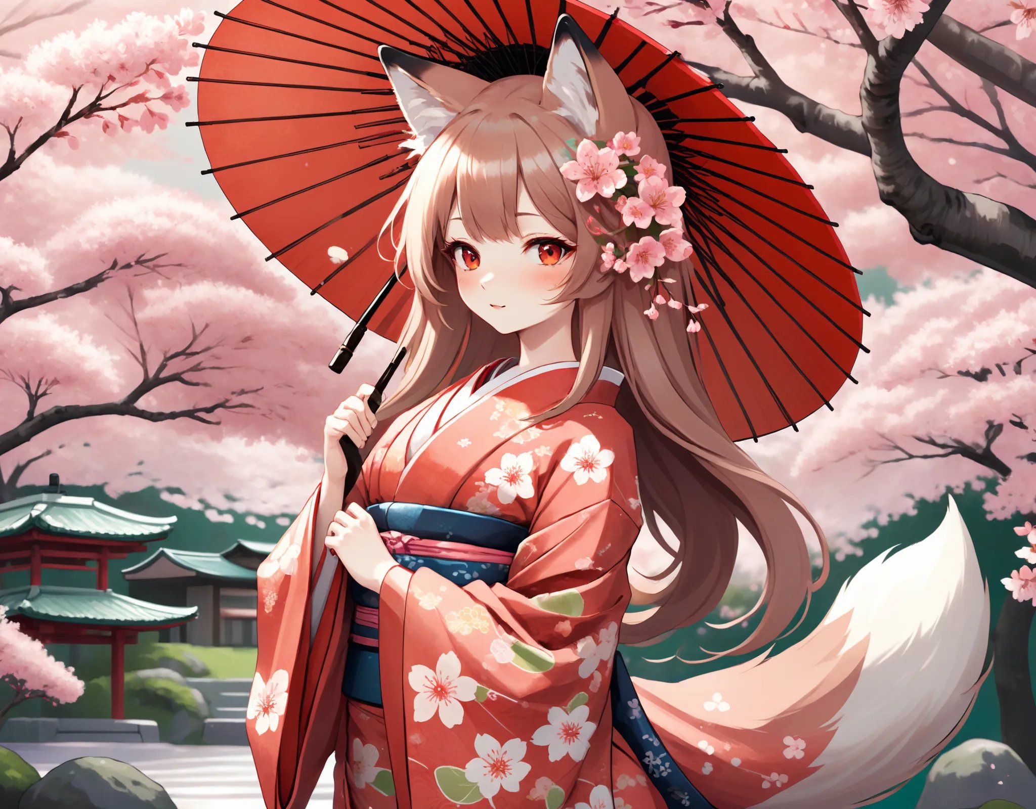 Illustration of a fox girl wearing a traditional Japanese kimono, with a detailed floral pattern and vibrant colors. Her long, flowing hair is adorned with delicate cherry blossoms, and she carries a decorative paper parasol, standing gracefully against a backdrop of a serene cherry blossom garden