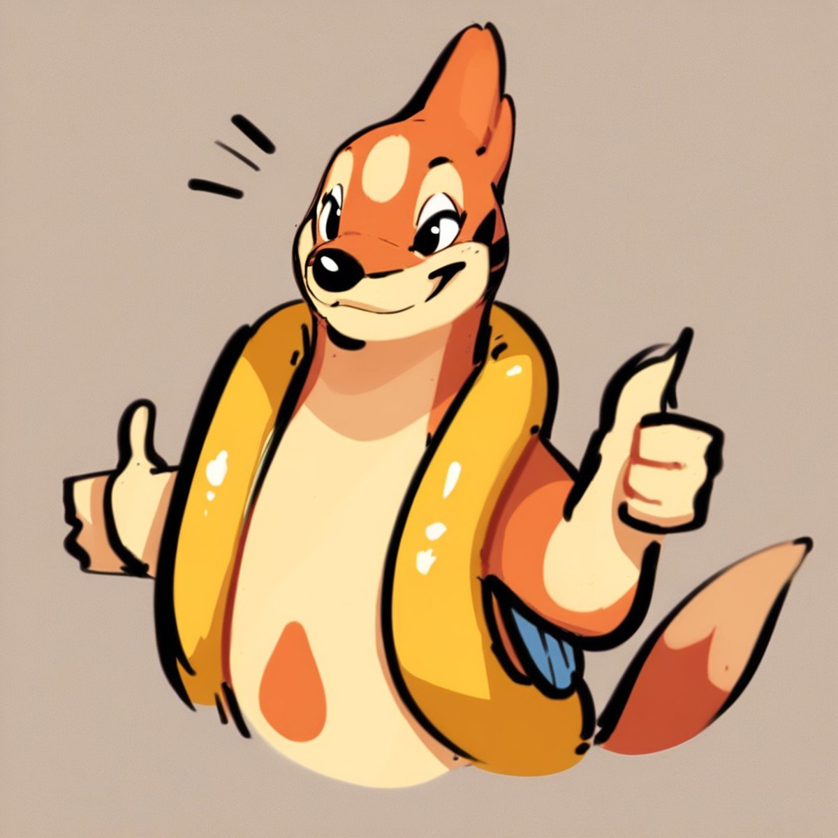 Score_7_up, score_8_up, score_9, upper body, floatzel, semi-anthro, detailed sketch, thumbs up, smile, half open eyes, orange fur, yellow tube, beige background,