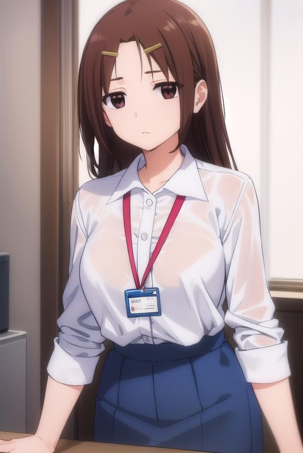 megumichihaya, <lora:megumi chihaya s1-lora-nochekaiser:1>,megumi chihaya, long hair, brown hair, hair ornament, (brown eyes:1.5), hairclip,BREAK skirt, shirt, white shirt, blue skirt, office lady, id card, lanyard,BREAK indoors, office,BREAK looking at viewer, (cowboy shot:1.5),BREAK <lyco:GoodHands-beta2:1>, (masterpiece:1.2), best quality, high resolution, unity 8k wallpaper, (illustration:0.8), (beautiful detailed eyes:1.6), extremely detailed face, perfect lighting, extremely detailed CG, (perfect hands, perfect anatomy),