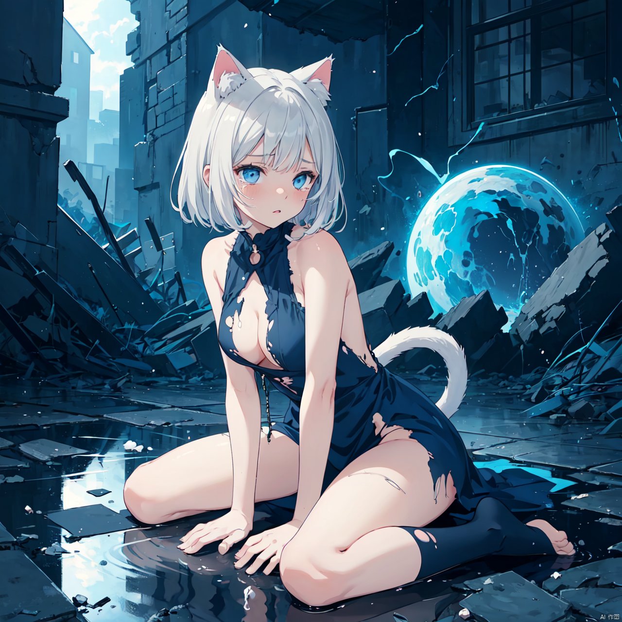 1 cat girl, cat ears, cat tail, (tears:1.1), exhausted, (parted lips:0.9), cute, medium breasts, (sideboob:0.9), sideless, torn frayed tattered tunic, torn frayed tattered socks, sitting, wariza, leaning forward, ruins, crumbling world, storm, black hole, puddle, sharp focus, looking at viewer, (intricate:1.1), (dark blue theme:1.1), (dark blue tone:1.1), (grey tone:1.1), illustration, (anime coloring:1.1)