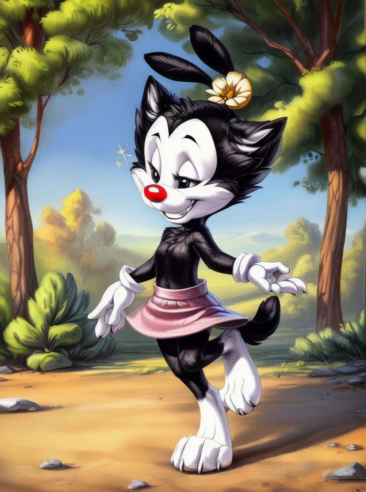 ((solo)) (<lora:DotW_2:1>, dotw, girl, black body, black head, white cheeks, white legs, black ears, mouth closed, smile with teeth, black tail, white eyelids, black eyes, Red nose, white gloves, yellow flower on head, pink skirt, standing on one leg, winks, hand on belt, <3), best quality, shaded, extreme detail, highly detailed, ultradetailed, intricate, realistic, detailed background, hi res, realistic, photography \(artwork\), (by kenket), by ross tran, by michael & inessa garmash, by pino daeni, by isvoc, by kiguri, by alena aenami, by ruan jia, (by zenthetiger, by wolfy-nail), by Enki Bilal, by drmax, photorealism, <lora:add_detail:1> 