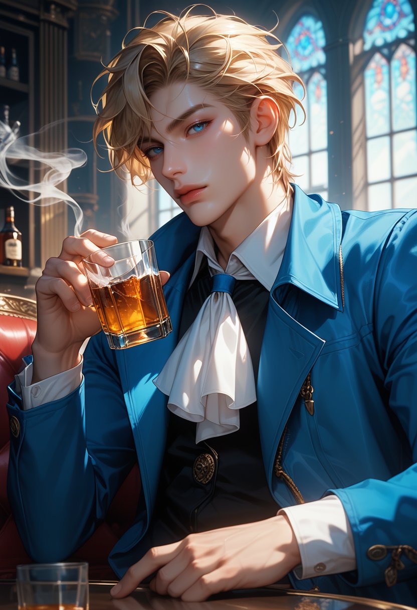 (score_9, score_8_up), score_7_up, score_6_up, source_cartoon, looking at viewer, short hair, blue eyes, blonde hair, shirt, long sleeves, 1boy, holding, closed mouth, jacket, upper body, male focus, indoors, cup, coat, ascot, window, holding cup, alcohol, drinking glass, smoke, ice, smoking, blue coat, white ascot, whiskey,