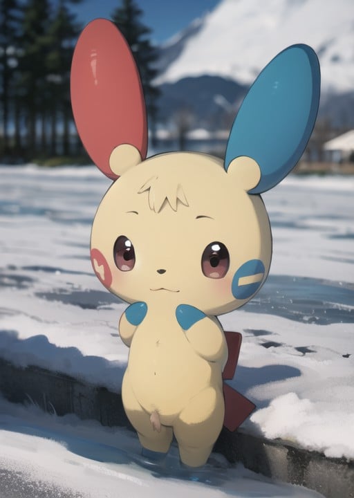 minunplusle, frozen lake, <lora:MinunPlusle-08:0.90>,chibi, pokemon (creature), 