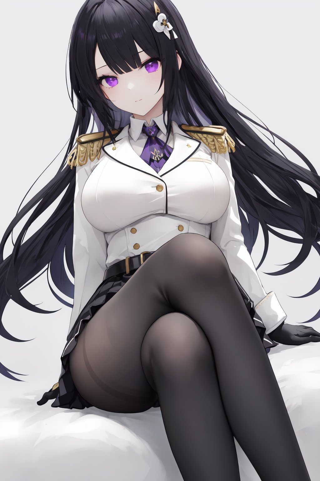 1girl,long hair,black hair,black skirt,black pantyhose,purple eyes,bangs,black gloves,hair ornament,epaulettes,white jacket,belt,miniskirt,pleated skirt,<lora:黑神月咏:0.5>,from_below,close-up,upshorts,selfie,crossed legs,hand on own knee,looking_up,No shoes,soles of feet,lower_body,foot focusdynamic angle,