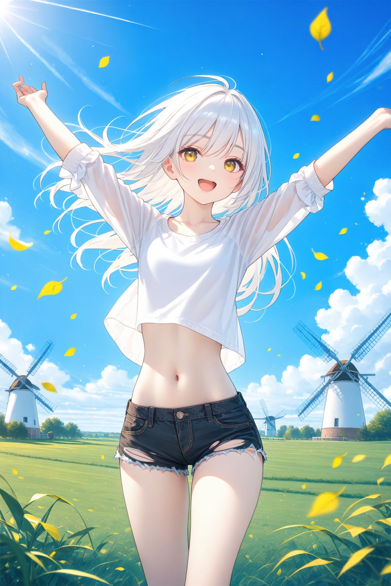 (masterpiece),(best quality),illustration,ultra detailed,hdr,Depth of field,(colorful),1girl,solo,outdoors,shorts,sky,long hair,cloud,navel,falling leaves,cutoffs,arms up,crop top,smile,grass,windmill,midriff,day,black shorts,long sleeves,floating hair,stomach,wind,blue sky,standing,open mouth,shirt,short shorts,denim,white hair,white shirt,yellow eyes,:d,torn shorts,feet out of frame,looking at viewer,denim shorts,leaf,thighs,