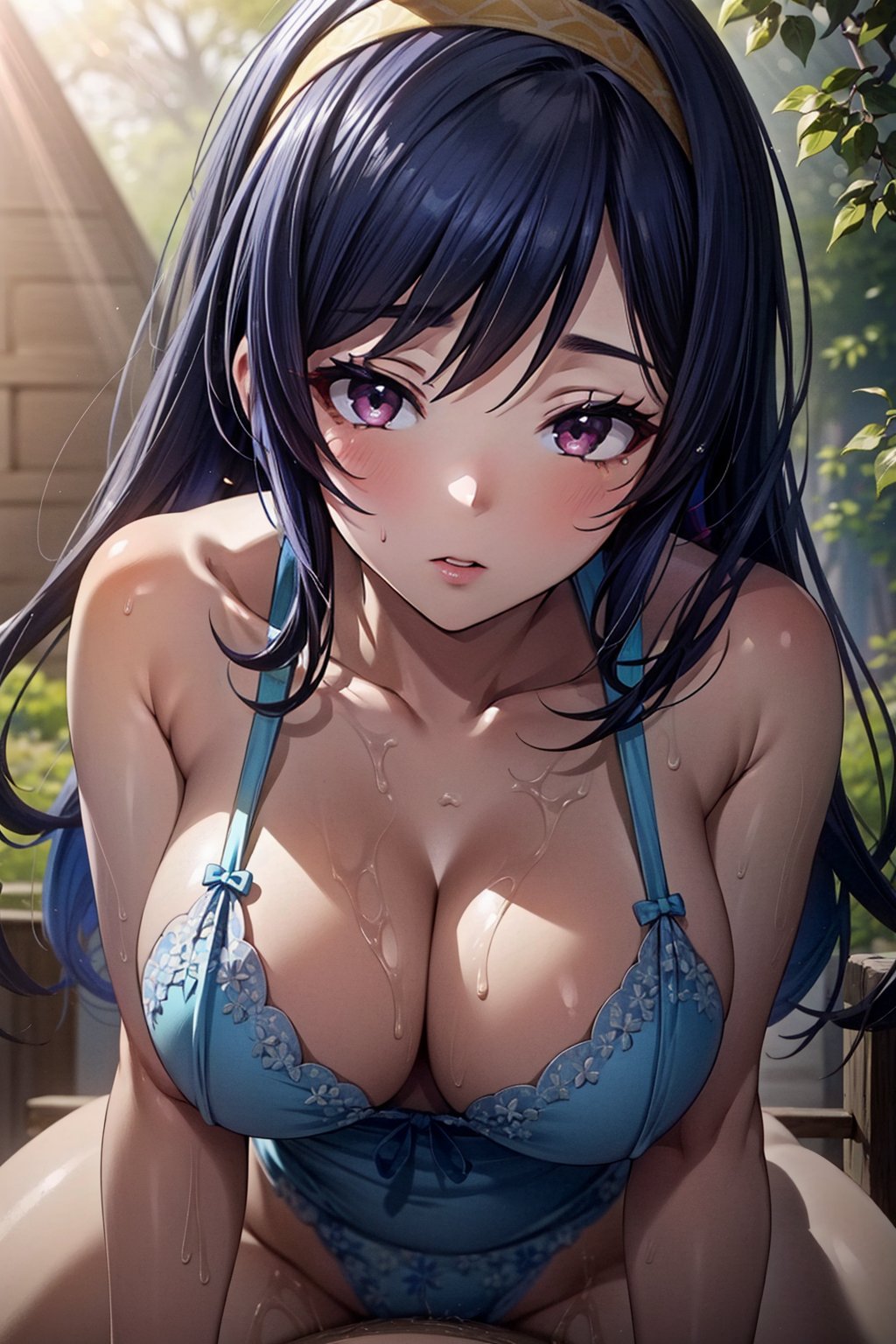 <lora:OVA_Shiho Aima:0.7>,OVA_Shiho Aima,blue hair,black hair,hairband,1girl,solo,implied sex,1girl,cowboy shot,outdoors,Sunlight through a prism for a spectrum of colors (Spectrum Light).,, 8k,best quality,masterpiece,rule of thirds,superb,high resolution,sharp focus,extremely detailed description,professional,gorgeous and intricate details,