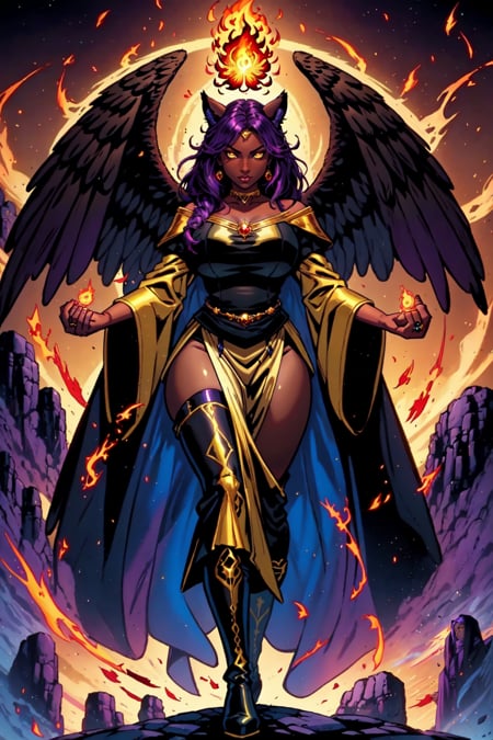 1girl, solo, magic wielding wizard woman, dark skin, dark skinned female, yellow eyes, glowing eyes, glowing, purple hair, animal ears, voluptuous, wide hips, long skirt, feathered wings, wide sleeves, robe, ring, jewelry, black boots, fist up, holding, magical staff, flames from below, gold accent, comic book cover, inked lines