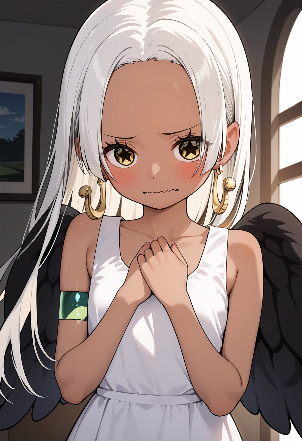 score_9, score_8_up, score_7_up, score_6_up, score_5_up, score_4_up, source_anime, aasnake, long hair, white hair, dark skin, earrings, yellow eyes, symbol-shaped pupils, black wings, small breasts. sundress, white dress, sleeveless, armlet, <lora:s-snake_ponyxl_v1:0.9>, hands up, hand on own chest, blush, embarrassed, wavy mouth, looking at another, room