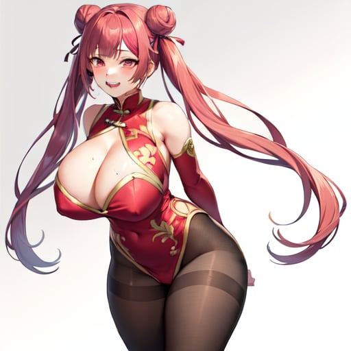 1girl, solo, original, chinese clothes, red dress, brown bodysuit, brown pantyhose, cleavage, cleavage cutout, bare shoulders, detached sleeves, red eyes, pink eyes, streaked hair, long hair, twintails, cone hair bun, huge breasts, curvy, thick thighs, bouncing breasts, seductive smile, naughty face, lewd, sexy, hot, glamorous, blunt bangs, standing, cleft of venus, white background, simple background, anime screencap, anime coloring, key visual, studio anime, standing, 