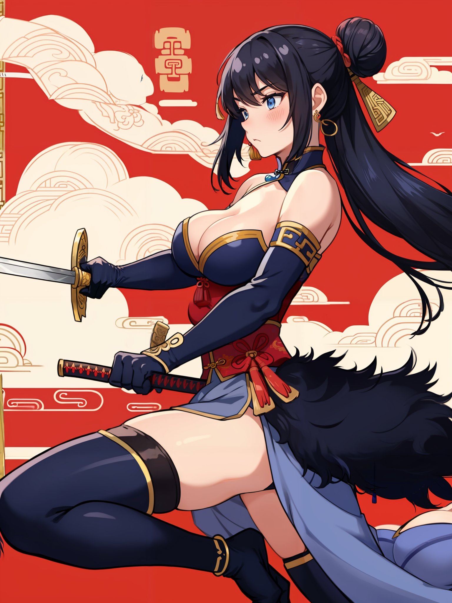 (masterpiece:1.2),best quality,(Chinese style:1.4), 1girl,breasts,weapon,sword,solo,blue eyes,cleavage,holding sword,black hair,holding katana,sheath,single hair bun,unsheathing,jewelry,hair bun,earrings,gloves,blue gloves,fur trim,closed mouth,large breasts,blush,fighting stance,medium breasts,long hair,from side,bangs