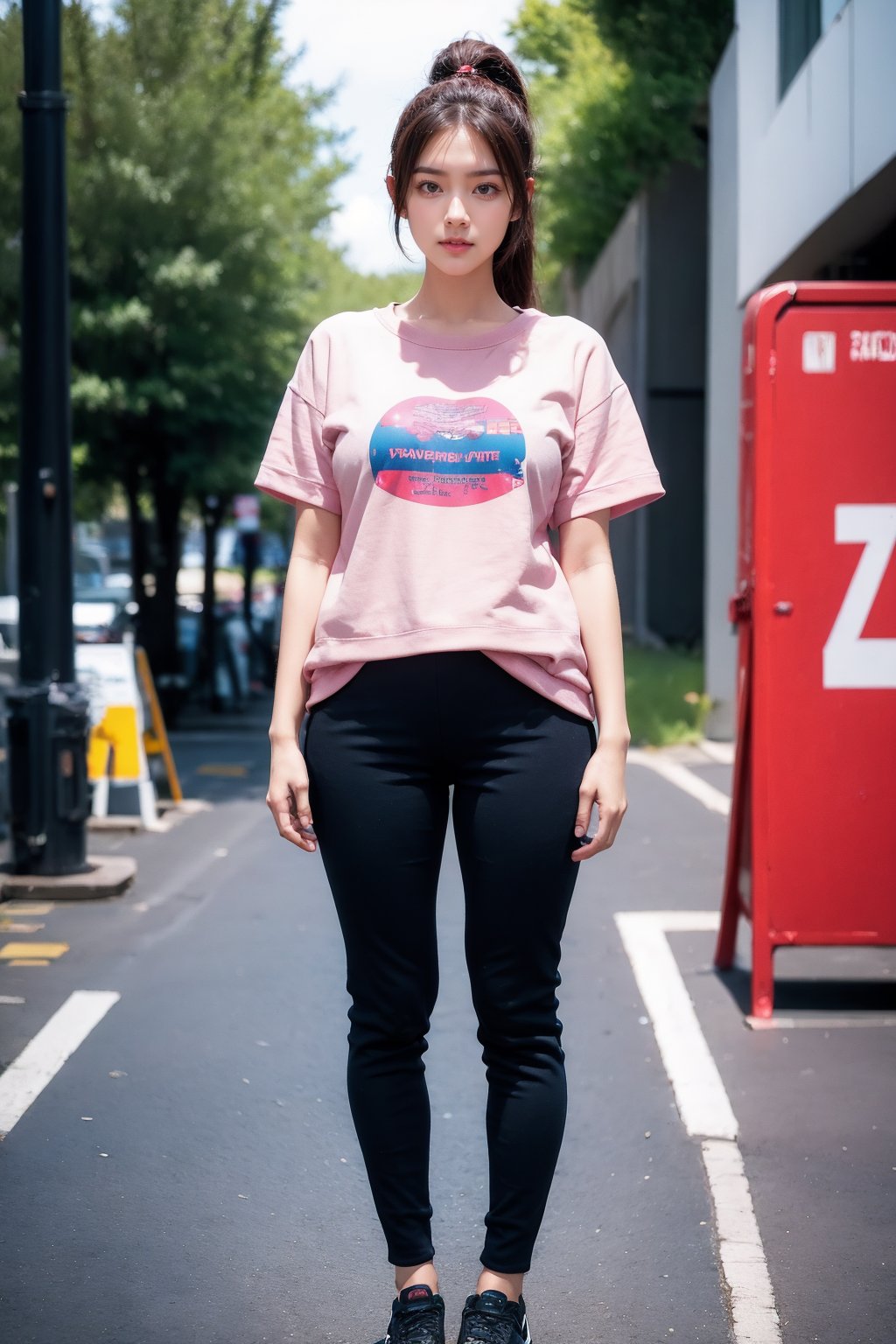 1girl, female focus, realistic, looking at viewer, outdoors, short sleeve sweatshirt pants, road, standing, shoes, full body, solo focus, ponytail, day, photorealistic, street,