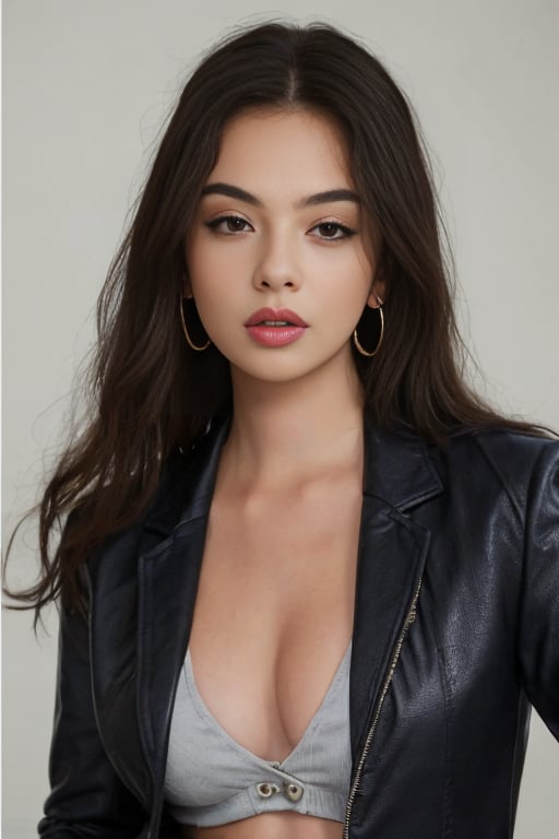 (masterpiece,best quality:1.2), high detailed,realistic,d3vac, 1girl, solo, long hair, breasts, looking at viewer, simple background, black hair, cleavage, brown eyes, jewelry, jacket, upper body, earrings, parted lips, grey background, lips, realistic, checkered clothes<lora:DevaCasselSD:1>