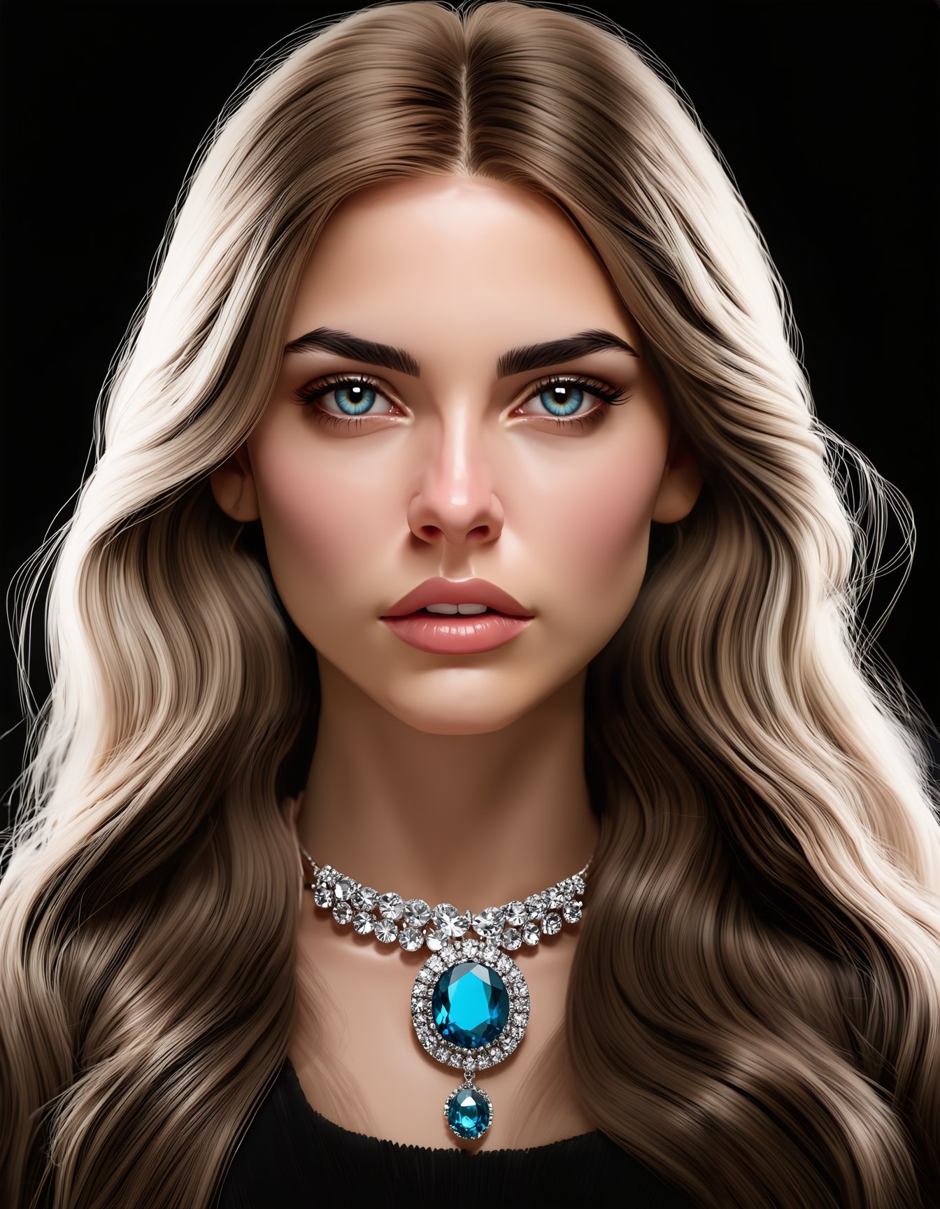 (best quality, 4K, 8K, high-resolution, masterpiece), ultra-detailed, realistic, photorealistic, woman, long hair, looking at viewer, blue eyes, simple background, jewelry, colored skin, black background, portrait, gem, blue gemstone