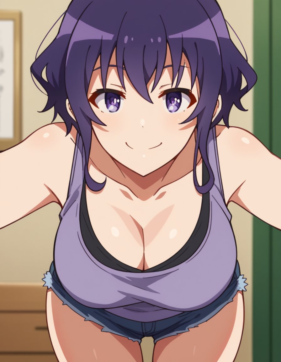 score_9, score_8_up, score_7_up, source_anime, <lora:michiru-hyoudou-s2-ponyxl-lora-nochekaiser:1>, michiru hyoudou, short hair, bangs, purple eyes, purple hair, large breasts,, shorts, short shorts, tank top, denim, denim shorts, cleavage, bare shoulders, collarbone,, indoors, bent over, smile, smug, looking at viewer, solo,, cowboy shot, dutch angle