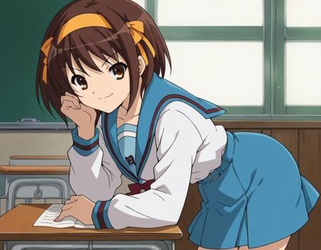 score_9, score_8_up, score_7_up, source_anime,haruhisuzumiya,  <lora:haruhi-suzumiya-s1-ponyxl-lora-nochekaiser:1>,haruhi suzumiya, short hair, brown hair, brown eyes, hairband, medium hair, ribbon, hair ribbon,skirt, long sleeves, school uniform, serafuku, sailor collar, blue skirt, blue sailor collar, winter uniform, kita high school uniform,indoors, classroom, bent over, smile,looking at viewer, cowboy shot, solo,