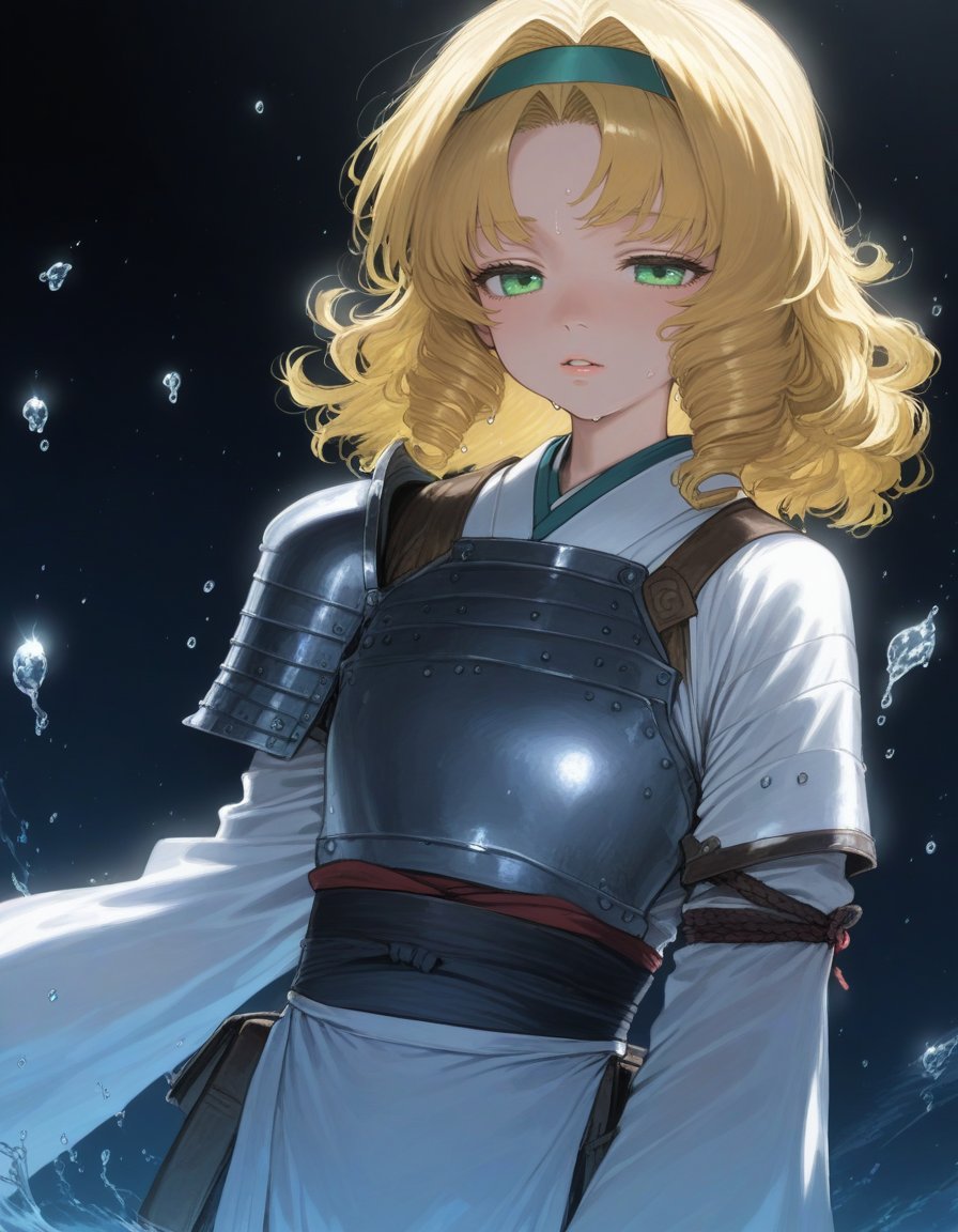 1girl, apron, armor, black background, blonde hair, curly hair, dress, green eyes, hair intakes, hairband, half-closed eyes, japanese clothes, kappougi, long sleeves, parted lips, short hair, shoulder armor, solo, water drop, white dress 