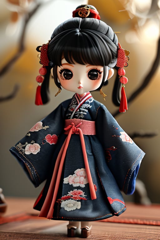 PPMT01,1girl,solo,looking at viewer,jewelry,long sleeves,black hair,blurry background,full body,standing,sleeves past wrists,chinese clothes,wide sleeves,black eyes,chibi,<lora:PPMT1.5-000008:0.8>,, masterpiece, best quality,