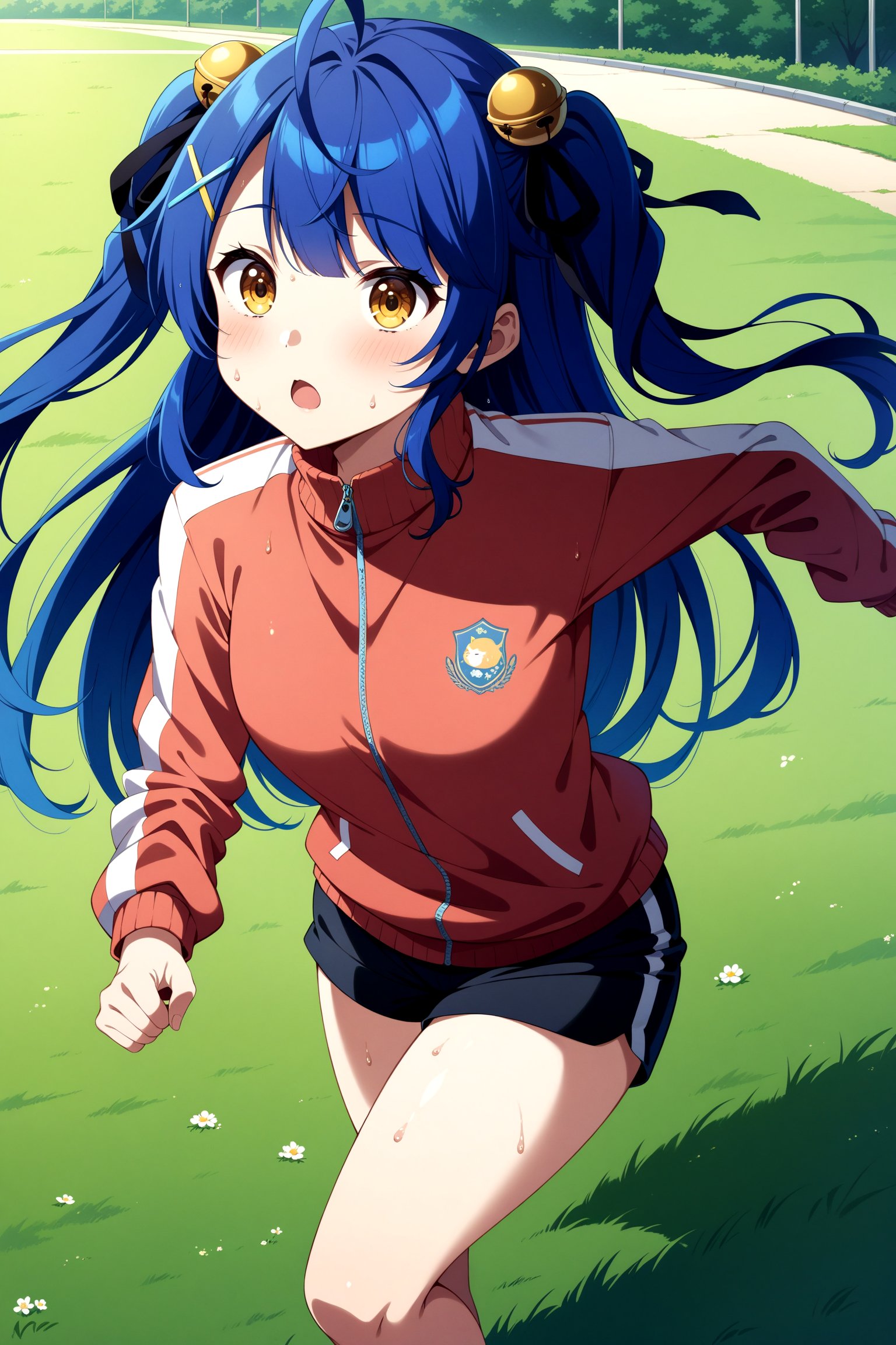 (masterpiece, best quality, very aesthetic, ultra detailed), intricate details, anime style, 4k, aamya, long hair, ahoge, two side up, hair ribbon, hair bell, x hair ornament, <lora:amamiya_kokoro_xl(anima)_v1:0.9>, standing, track jacket, shorts, park, grass, field, running, sweat