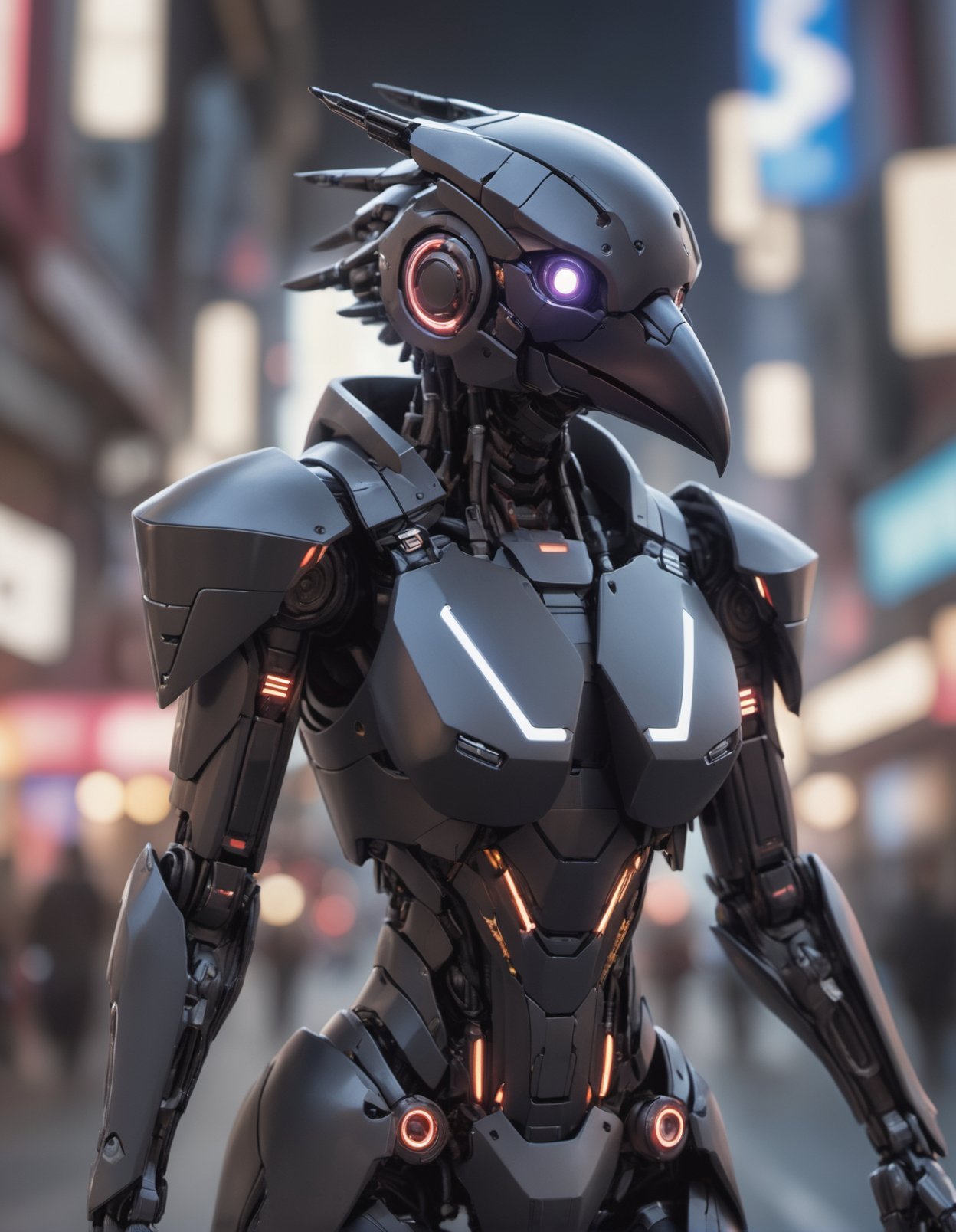 sci-fi, designed by James Paick, digital art, robotic Raven, it is dressed in cybernetics, its cybernetics is inspired by the 90's anime, in focus, Fantasy, dramatic lighting, anime style, high quality photography, 3 point lighting, flash with softbox, 4k, Canon EOS R3, hdr, smooth, sharp focus, high resolution, award winning photo, 80mm, f2.8, bokeh