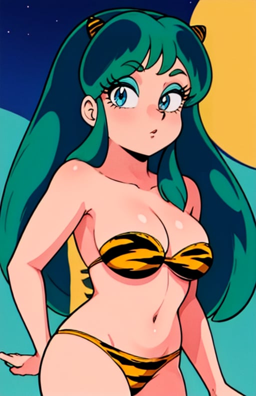 best quality, (masterpiece),(ultra-detailed), (high quality), (high resolution), <lora:Lum:0.7>,lum, 1girl, solo, long hair, breasts, blue eyes,  medium breasts,  green hair, horns, strapless, makeup, moon, animal print, eyeshadow, oni horns, oni,  tiger print, strapless bikini, anime coloring,retro artstyle, 1980s \(style\), cleavage, swimsuit,  bikini,