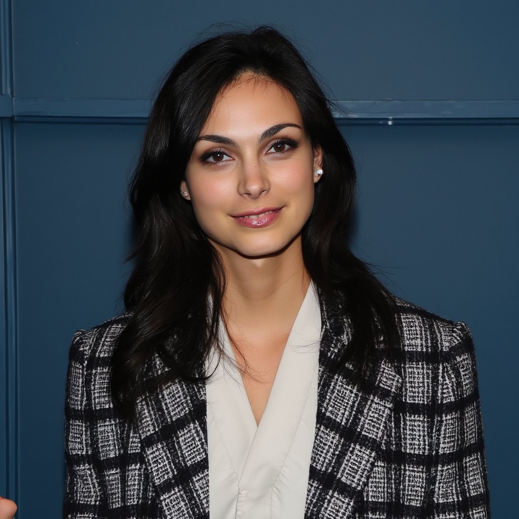 morena_baccarin, A woman is standing in front of a blue wall. She is wearing a black and white checkered suit. There is a white shirt under the suit. The woman has long dark brown hair. 