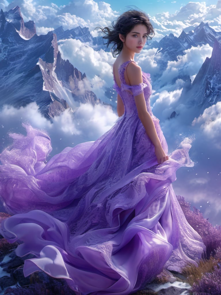 sdzs01,1girl,mountain,dress,solo,cloud,sky,Purple dress,black hair,looking at viewer,day,outdoors,bare shoulders,cloudy sky,scenery,<lora:sdzs-xl:0.8>,, best quality, ultra-detailed, masterpiece, finely detail, highres, 8k wallpaper