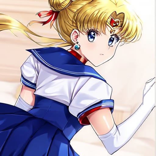 masterpiece, best quality, high quality, woman, beautiful, solo, 1girl,sailor moon,   luna (sailor moon),   tsukino usagi ,  1girl,  back bow,  bangs ,  blonde hair,   blue eyes ,   blue sailor collar,   blue skirt ,  bow ,  bowtie,  choker,  circlet ,  collarbone ,   crescent choker,   crescent earrings,  double bun,  earrings ,  elbow gloves,  gloves, gold earrings,  hair bun,  jewelry,  long hair ,  parted bangs ,  pleated skirt,  red bow,  red bowtie,  red choker,  sailor collar ,  shirt,  short sleeves,  skirt ,  thighs,  white gloves, red boots,  white shirt, cowboy shot, bedroom,