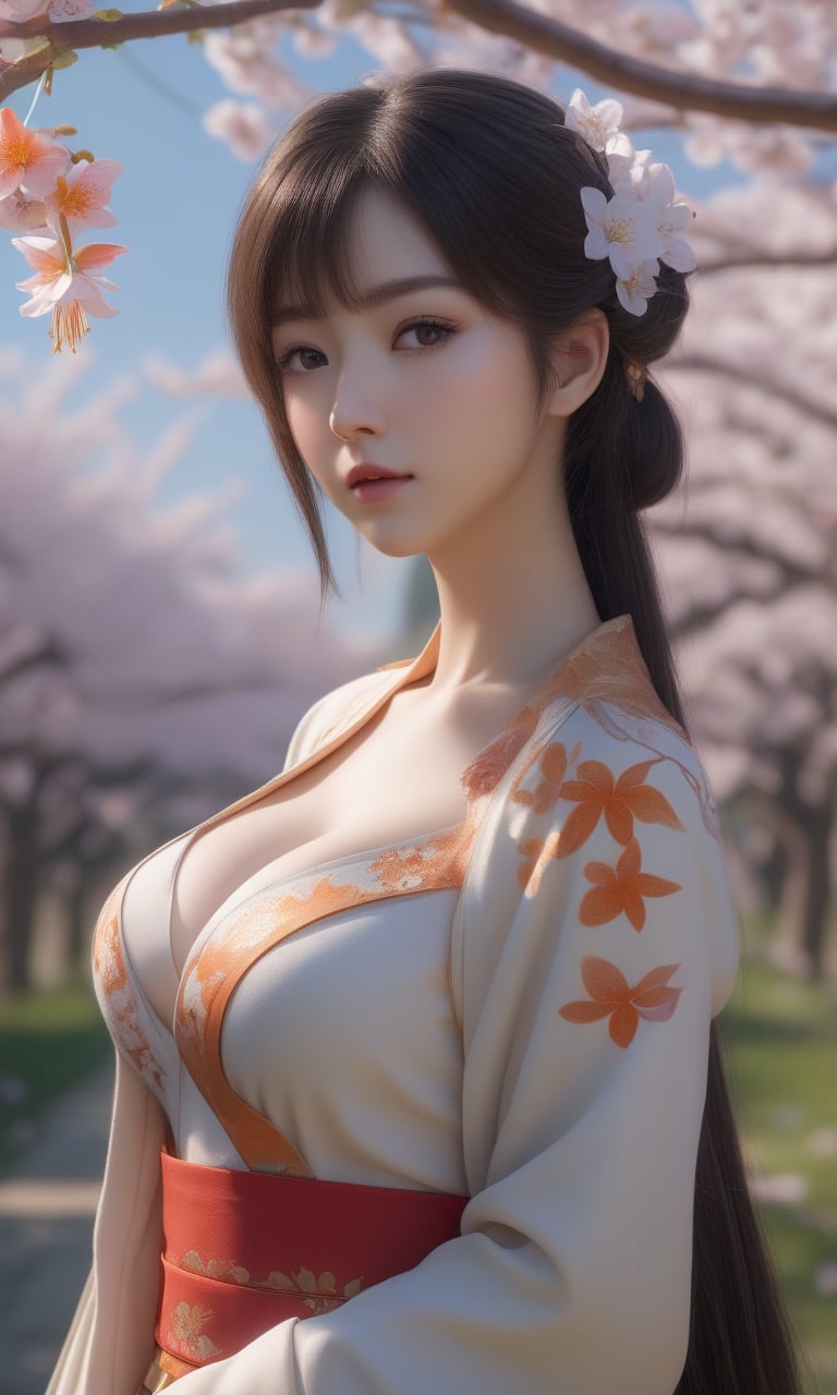 (,1girl, pov,best quality, )masterpiece, fantasy, realistic,science fiction,mole, ultra realistic 8k cg, ,tamari \(flawless\),  cleavage,large breasts ,lemon blossoms, orange blossoms, spider lily, lily \(flower\),cherry blossoms,plum blossoms, strawberry blossoms      ((()))