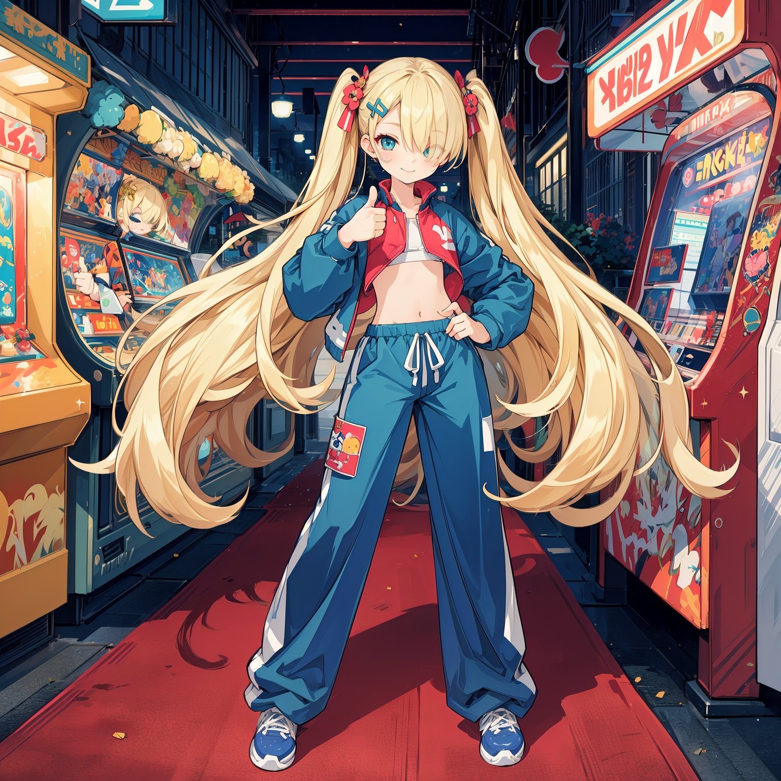 (slim,thin,skinny), masterpiece,4k, best quality,top quality, official art,highest detailed,colorful,distinct_image,, (long wide shot), (Arcade:1.15),videogame, (1girl),(solo),(fullbody:1.3),solo,(evil smile),half-closed eyes,alluring eyes,looking at viewer,very long hair,messy hair,flat chest, blonde hair,long twin tails,blunt bangs,aqua eyes,(hair over one eye),very long hair,bandaid on nose, kirakira,blingbling,colorful hair ornament, (((thumbs up)),standing,legs apart,spread legs),one hand on hip, blue track suit,blue track pants,(baggy pants),navel,