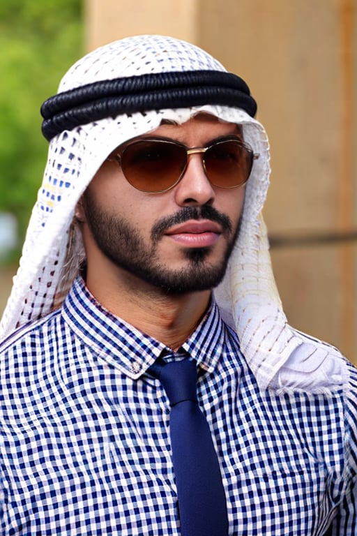 1boy, beard, blurry background, day, facial hair, handsomearabian, hat, looking at viewer, male focus, mustache, necktie, realistic, shirt, solo, sunglasses, upper body ,<lora:SD1.5_HandsomeARABian.1.0:0.8>