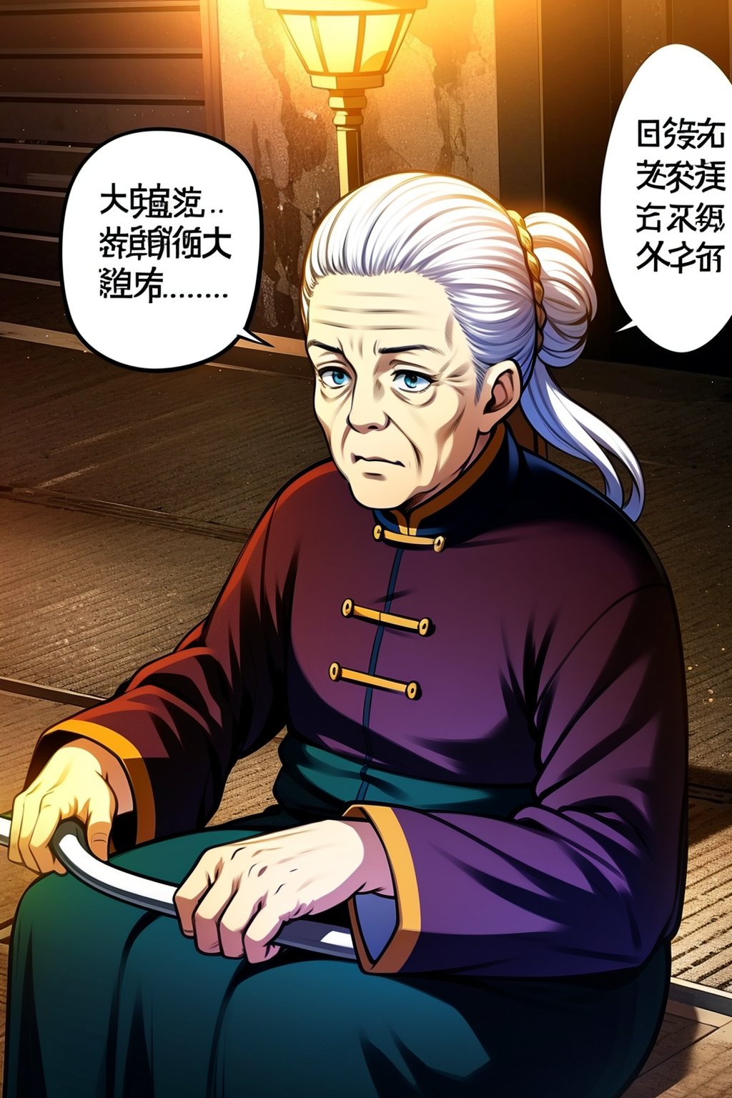 Sanshikongbu,1girl,solo,long sleeves,holding,sitting,white hair,hair bun,speech bubble,single hair bun,staff,holding staff,chinese text,old,old man,old woman,wrinkled skin,8K,HDR,high resolution,(Masterpiece :1.3),(best quality :1.2),high quality,high detail,blurry background,