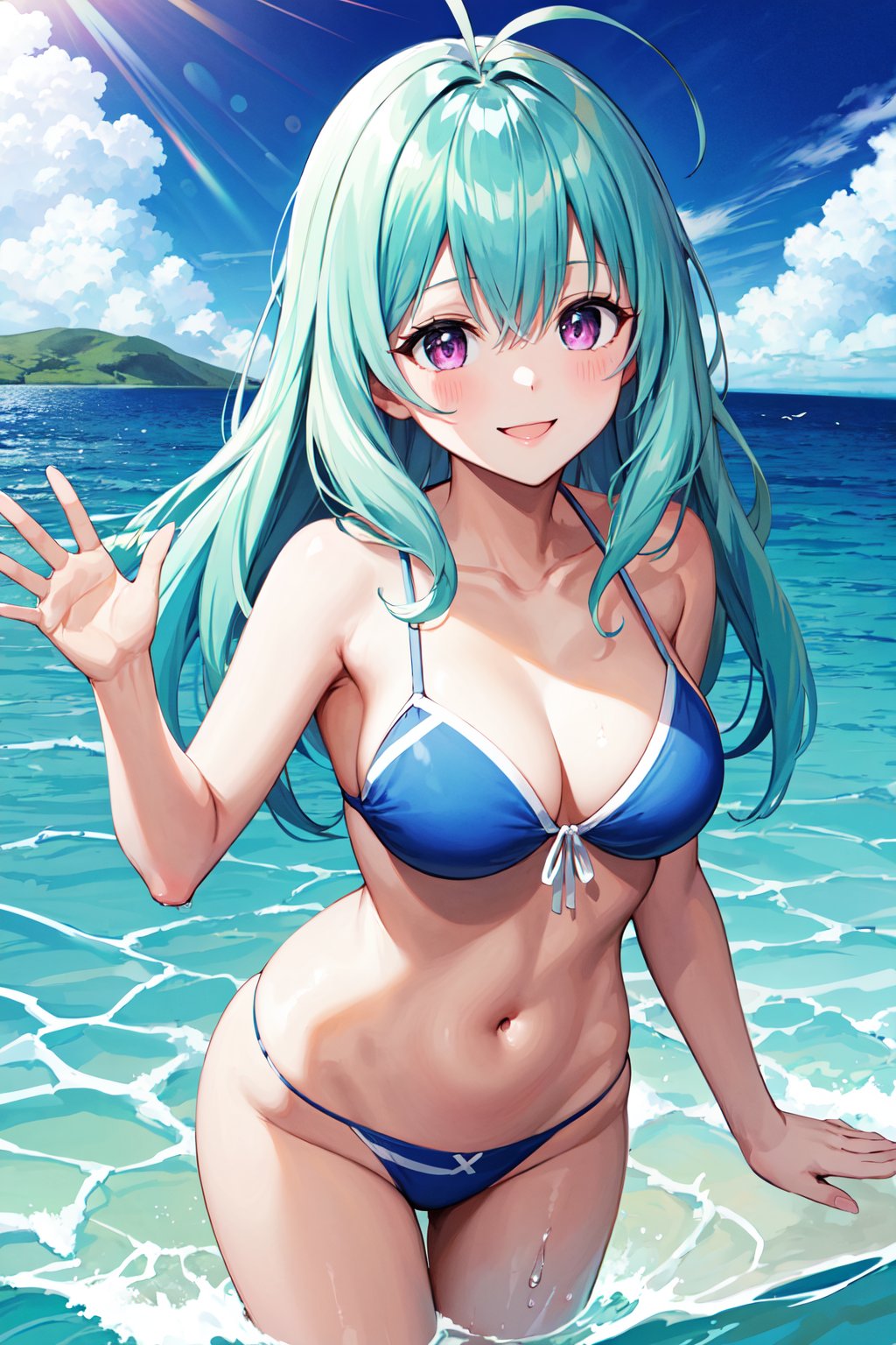 masterpiece, best quality, highres, aarej, solo, long hair, antenna hair, purple eyes, <lora:run_elsie_jewelria_v1:0.7>, bikini, collarbone, ocean, smile, waving, partially submerged, water, sky