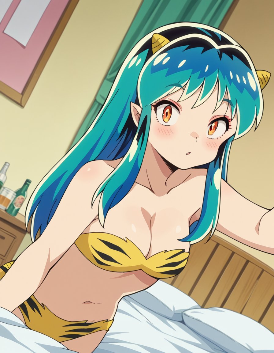 score_9, score_8_up, score_7_up, source_anime,uruseilum, <lora:urusei-lum-anime-s1-ponyxl-lora-nochekaiser:1>,lum, long hair, bangs, blue hair, orange eyes, horns, pointy ears, aqua hair, oni horns, eyeshadow,navel, cleavage, swimsuit, bikini, strapless, animal print, yellow bikini, tiger print, strapless bikini,indoors, bed, bed room, on side, blush, drunk,looking at viewer, dutch angle, cowboy shot,