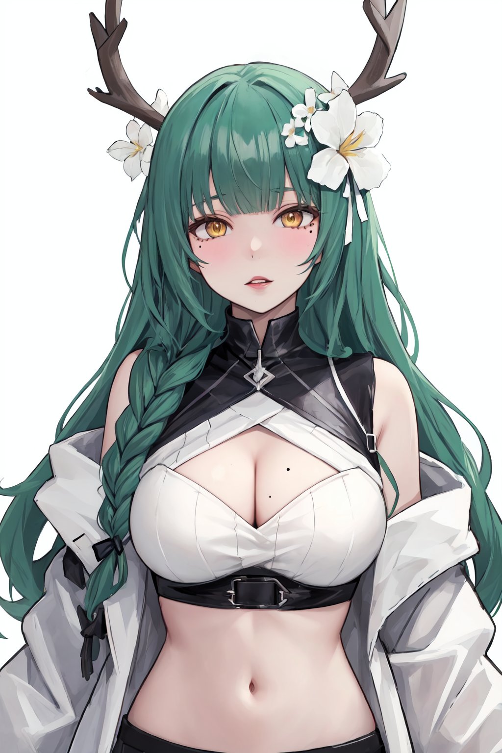 1girl,virtual youtuber,green hair,ceres fauna,navel,solo,breasts,midriff,antlers,blush,yellow eyes,hair ornament,jacket,looking at viewer,braid,large breasts,simple background,parted lips,bangs,sweater,long sleeves,shirt,open clothes,crop top,white jacket,stomach,long hair,white sweater,mole,open jacket,hair flower,upper body,branch,