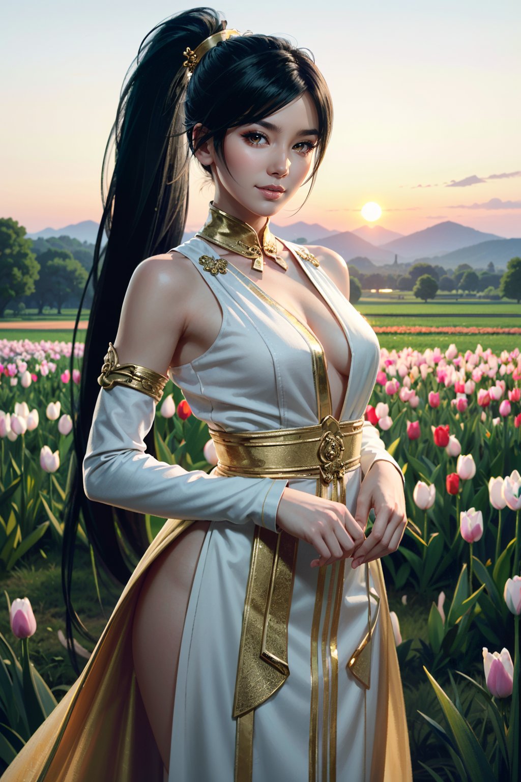 ((ultra detailed, masterpiece, absurdres))DOAMomiji, 1girl, ponytail, long hair, in a field of tulips, golden hour, elegant dress, smiling , digital painting, artstation, concept art, smooth, sharp focus, illustration, art by artgerm and greg rutkowski and alphonse mucha <lora:DOAMomiji:0.9>